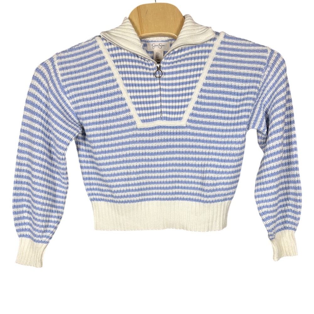 Jessica Simpson Womens Blue White Striped 1/4 Zip Cropped Sweater Small ST20816